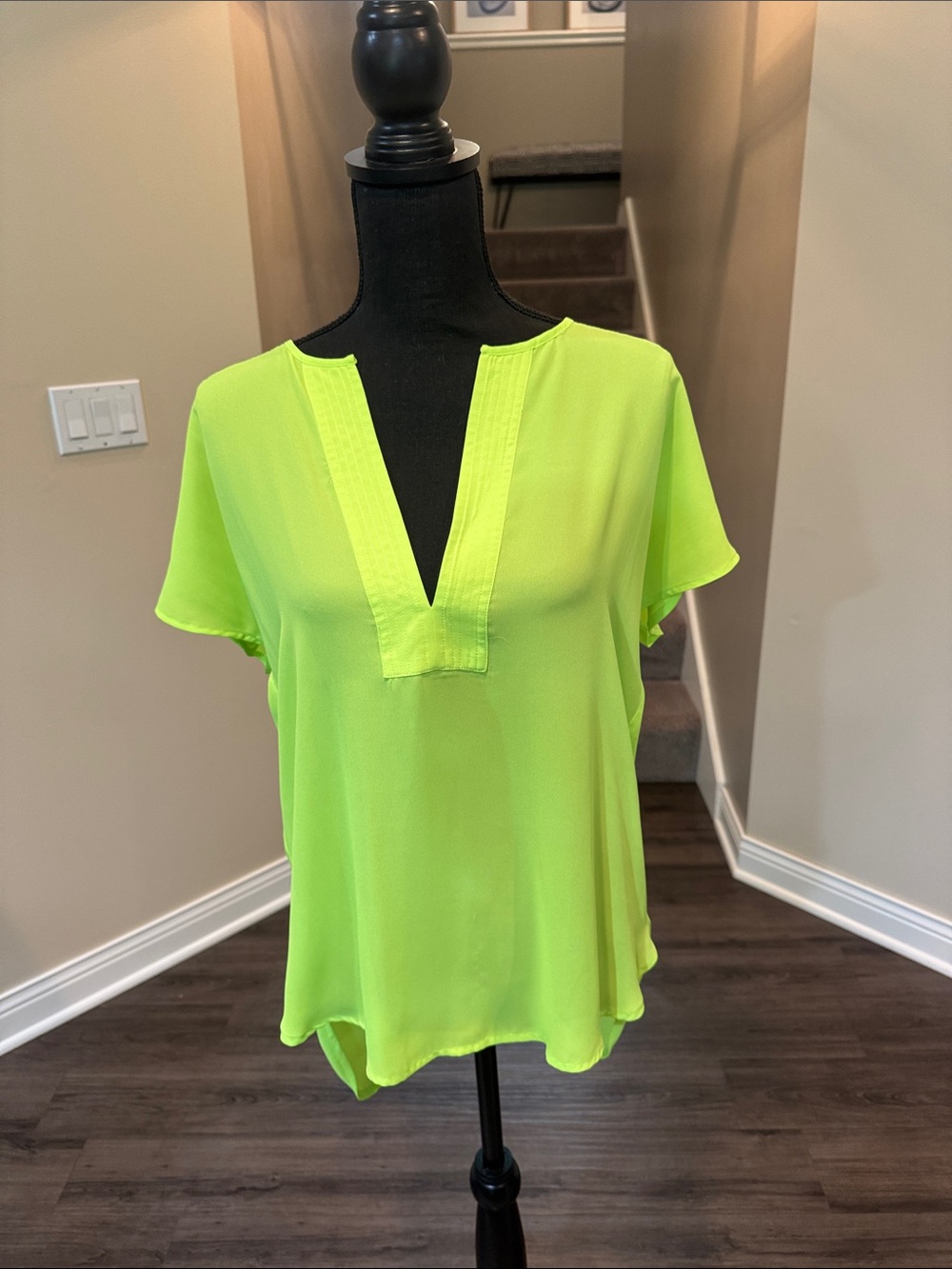 Lumiere Neon Lime Split V-Neck Short Sleeve Blouse